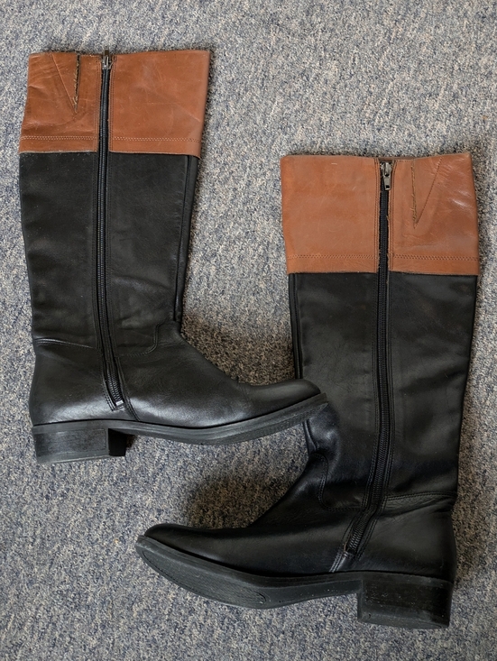 Tommy Hilfiger Black Tan Leather Riding Boots Size 6 Zipper - Picture 4 of 16